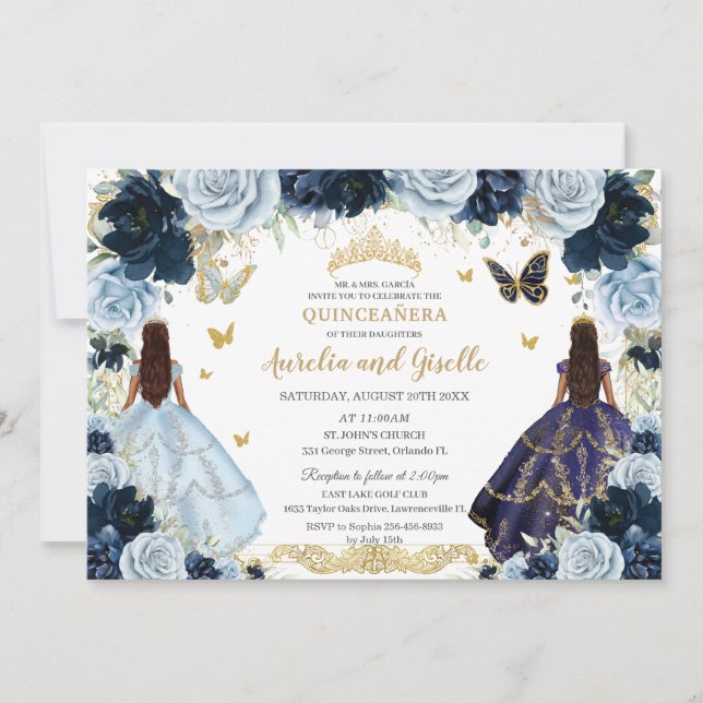 Twins Quinceañera Princesses Navy Baby Blue Floral Einladung (Vorderseite)