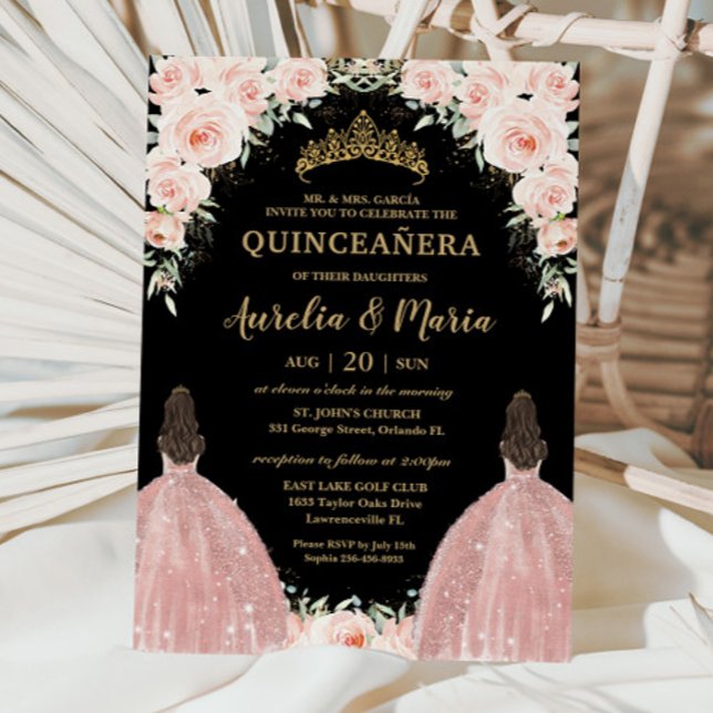 Twins Quinceañera Soft Blush Rose Blume Einladung (blush pink floral twins joint quinceanera 15 xv birthday brunette girls in rose gold dresses invites)