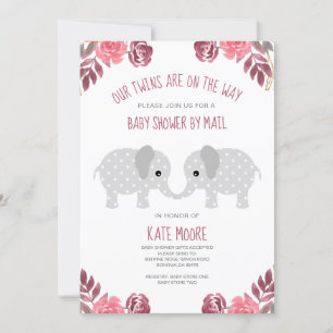 Twins Red Floral Elephant Babydusche per Mail Einladung