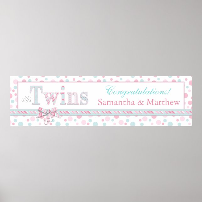 TWINS Retro Pink Aqua Dots Baby Duschbanner Poster (Vorne)