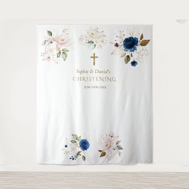 Twins Rosa Blush Bloral Christening Foto Prop Wandteppich (Vorderseite)