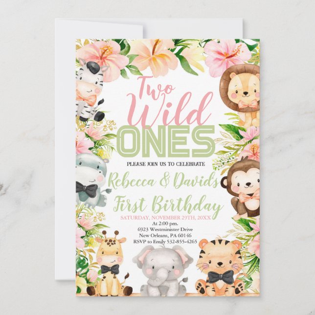 Twins Safari Geburtstag, Jungle WILD Ones Animals Einladung (Vorderseite)