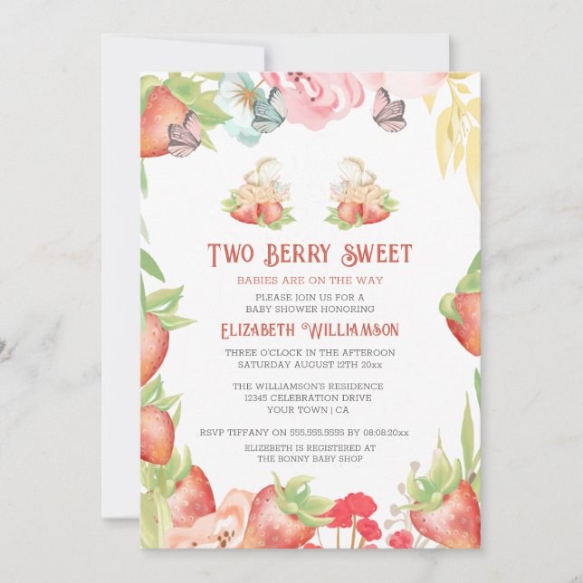 Twins Strawberry Berry Sweet Baby Shower Einladung (Vorderseite)