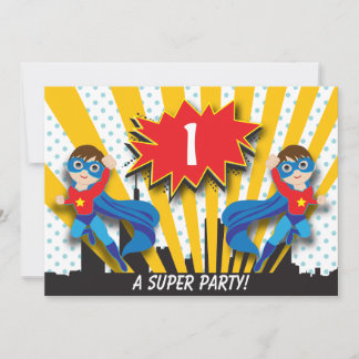 Twins Superheld zum Geburtstag| Boys Brown Hair Einladung