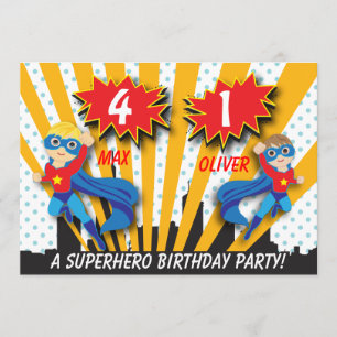 Twins Superhero Birthday   Boys Brown/Blonde Hair Einladung