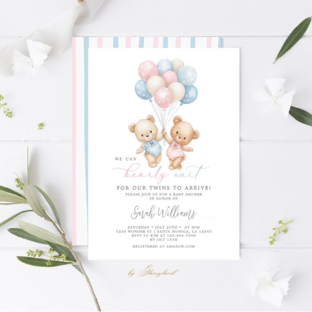 Twins Teddy Bear Boy and Girl Baby Shower Einladung (Von Creator hochgeladen)