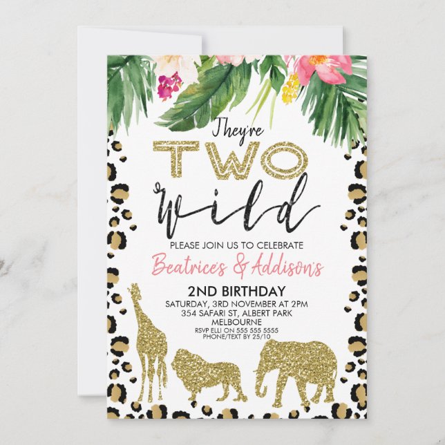 Twins They're Two Wild 2nd Birthday Invitation (Devant)