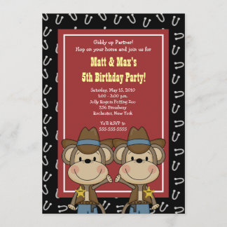 TWINS Twin Boys Western Cowboy Monkey 12x18 Geburt Einladung
