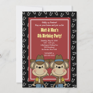 TWINS Twin Boys Western Cowboy Monkey 12x18 Geburt Einladung