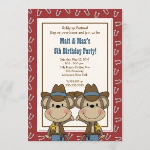 TWINS Twin Boys Western Cowboy Monkey 12x18 Geburt Einladung