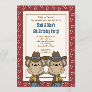 TWINS Twin Boys Western Cowboy Monkey 12x18 Geburt Einladung
