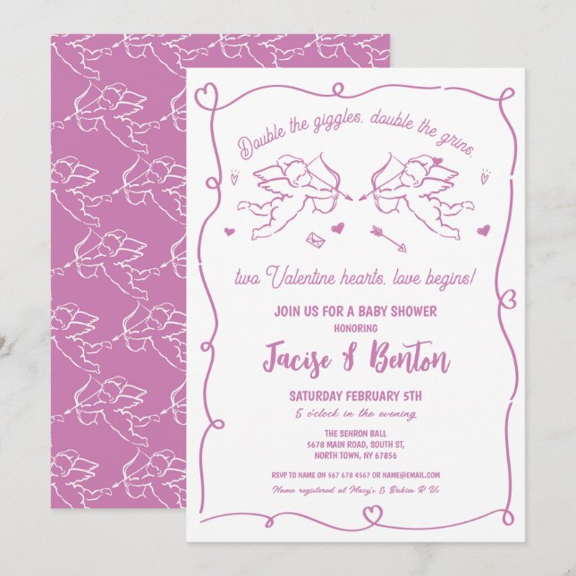 Twins Valentines Baby Dusche Cupid Girl Pink Liebe Einladung (Vorne/Hinten)