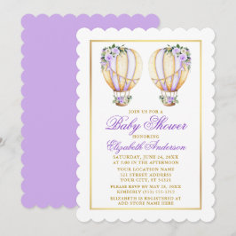 Twins Watercolor Lila Floral Balloon Babydusche Einladung