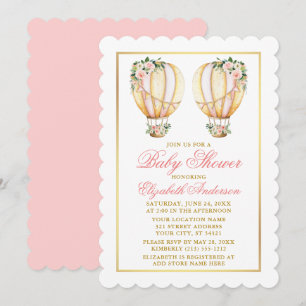 Twins Watercolor Pink Floral Balloons Babydusche Einladung