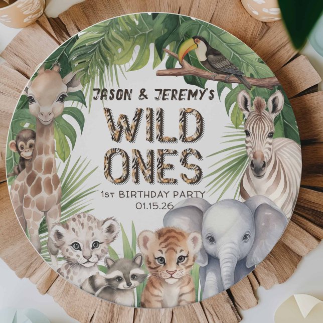 Twins Wild one Safari-Tiere Dschungel 1. Geburtsta Pappteller (Wild one 1st birthday, Safari animals themed boy first birthday celebration paper plates.)