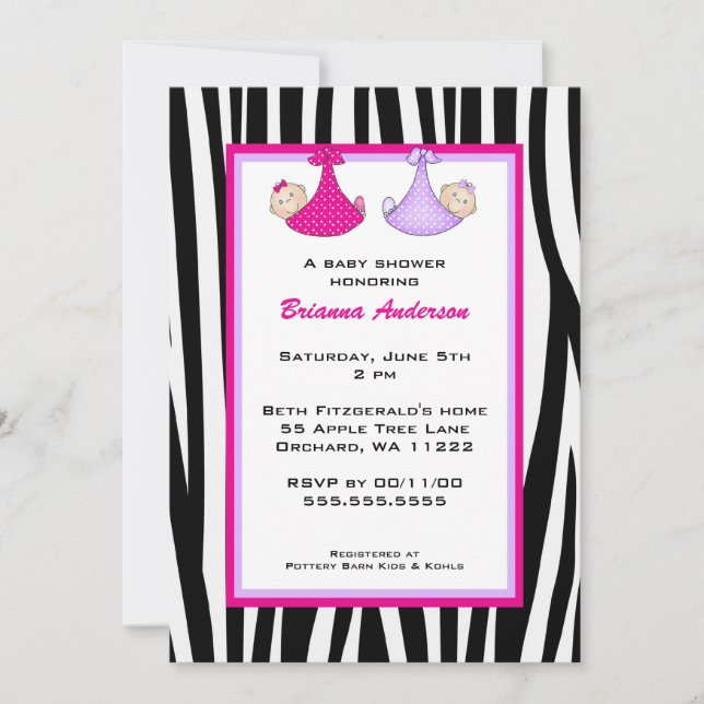 Twins Zebra Hot Pink und Lila Babydusche laden ein Einladung (Vorderseite)