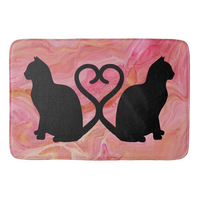 Two Cats Heart Tails on Pink Marble Badematte (Vorderseite)