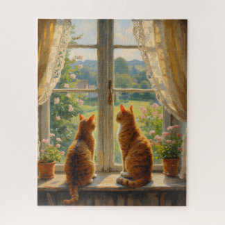 Two Cats sitting in a bay window seat