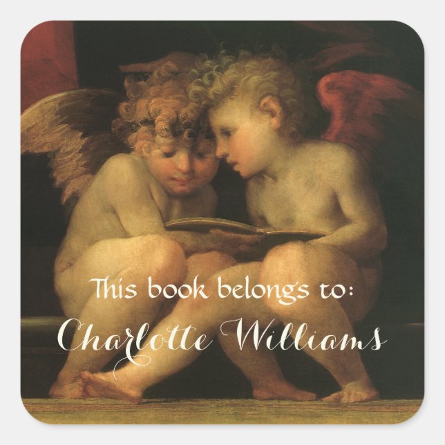 Two Cherubs Reading by Rosso Fiorentino Buchzeiche Quadratischer Aufkleber (Vorderseite)