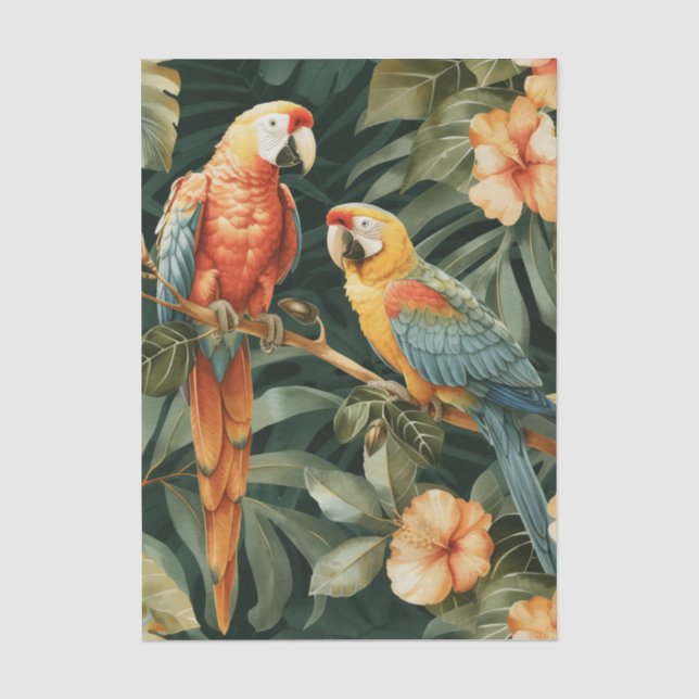 Two Colorful Parrots Tropical Flower Branch Seidenpapier (Vorderseite)