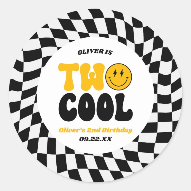 Two Cool Happy Retro Second 2nd Birthday Party Runder Aufkleber (Vorderseite)