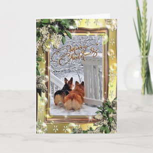 Two Corgis in the Snow with Frame Feiertagskarte