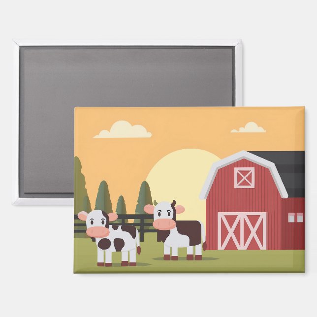 Two Cows and a Red Barn at Sunrise Magnet (Vorderseite/Rückseite)