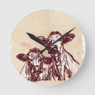 Two cows hand draw sketch & watercolor vintage runde wanduhr