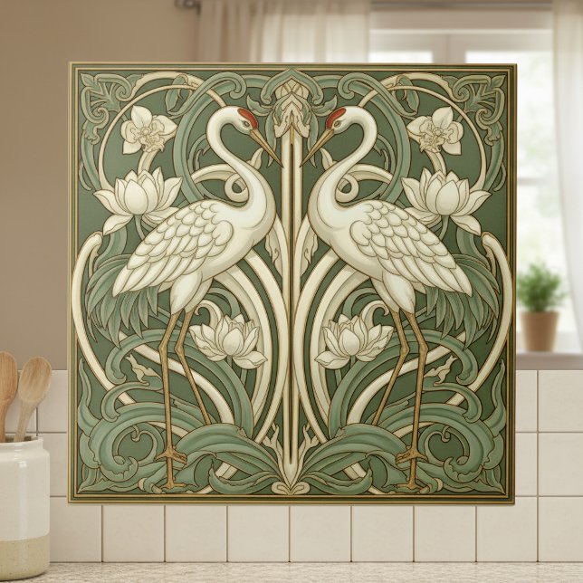 Two Cranes Art Nouveau Pat#10 Olive Ivory ID1193 Fliese (Von Creator hochgeladen)