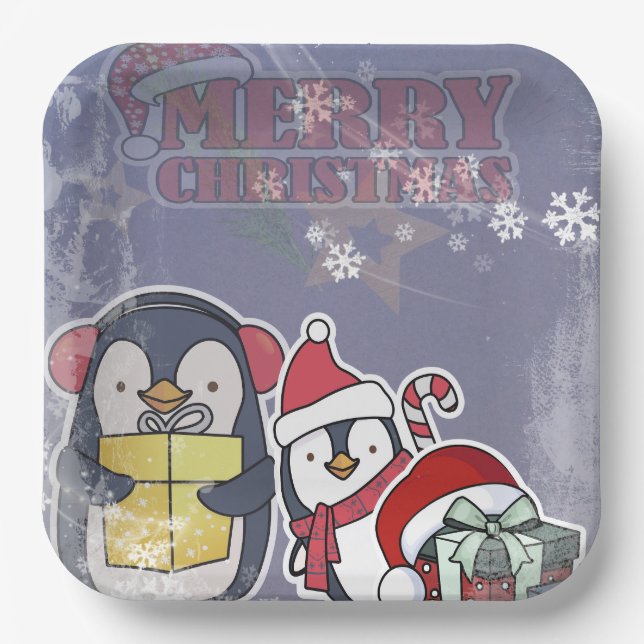 Two Cue cartoon Penguins ready for Christmas Pappteller (Vorderseite)