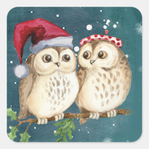 Two cute drawn Owls Quadratischer Aufkleber