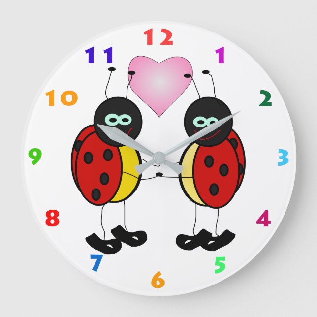 TWO CUTE LADYBIRDS AND PINK HEART FOR KIDS GROßE WANDUHR (Vorderseite)