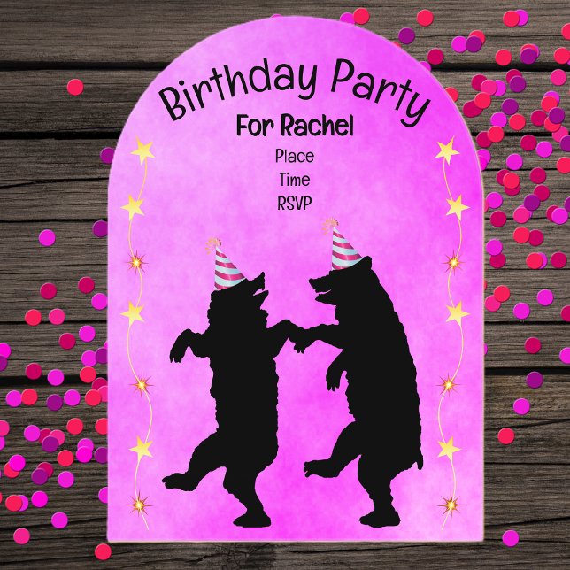 Two Dancing Black Bears Party Hats Gold Stars Pink Acryleinladungen (Dancing black bears party hats gold stars on vibrant pink acrylic Birthday party invitation.)