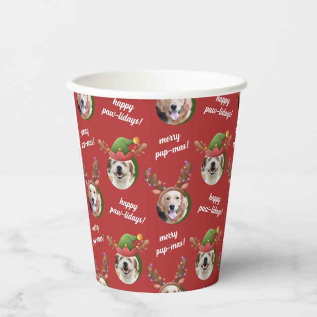 Two Dog Foto Elf & Reindeer Antler Hat Weihnachten Pappbecher (Vorderseite)
