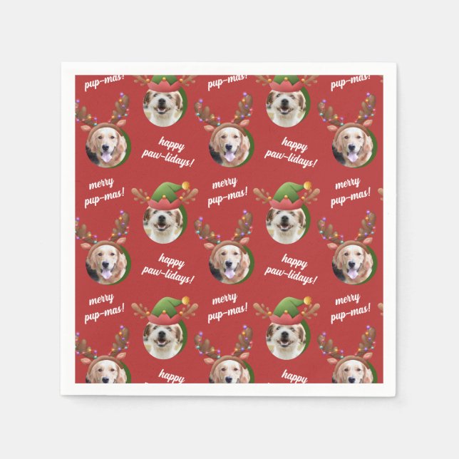 Two Dog Foto Elf & Reindeer Antler Hat Weihnachten Serviette (Vorderseite)