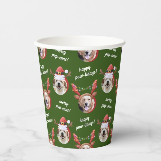 Two Dog Foto Santa Reindeer Antler Hat Weihnachten Pappbecher (Vorderseite)