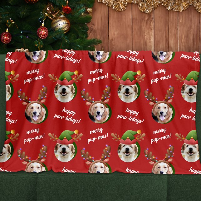 Two Dog Photo Reindeer Antler Merry Christmas Red Fleecedecke (Von Creator hochgeladen)