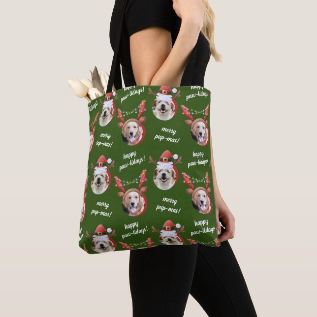 Two Dog Photo Santa Reindeer Antler Hat Christmas Tasche (Von Nahem)