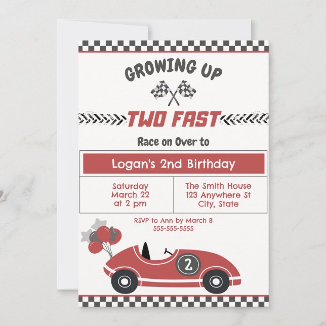 "Two Fast" Race Car 2. Geburtstag Party Einladung (Vorderseite)