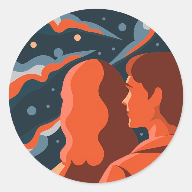 Two Figures Contemplating an Abstract Cosmic Scene Runder Aufkleber (Vorderseite)