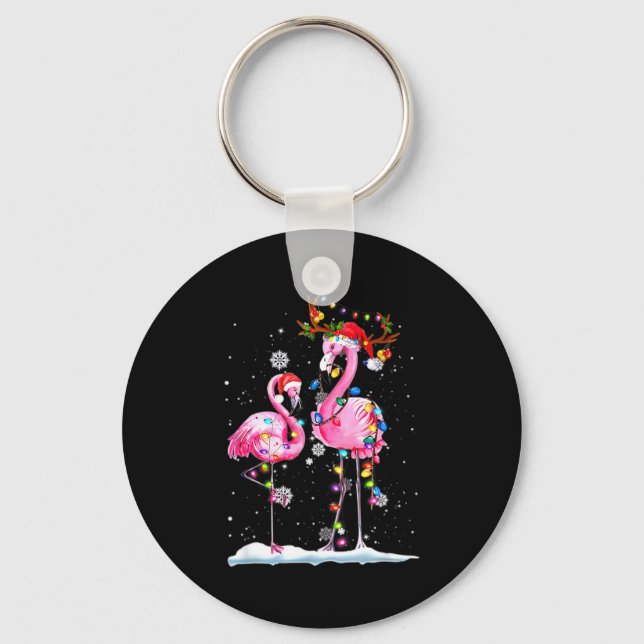 Two Flamingo With Santa Hat And Lights Merry Chris Schlüsselanhänger (Vorderseite)