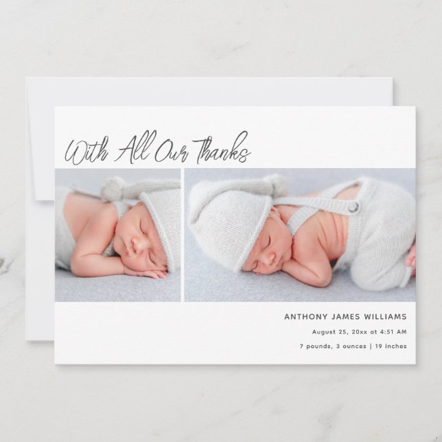 Two Foto Baby Birth Statistics Vielen Dank Ankündigung (Vorderseite)