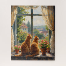 Two ginger staring out of a window  