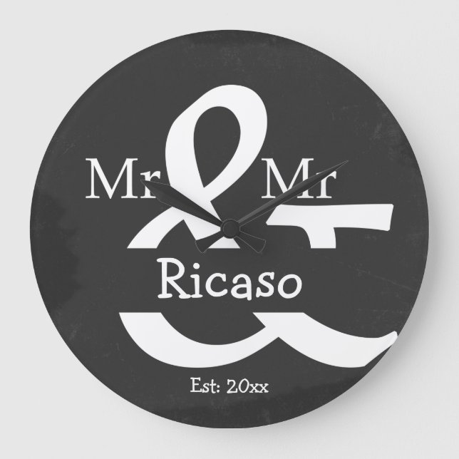 Two Groom Mr And Mr Personalized Faux Chalkboard Große Wanduhr (Vorderseite)
