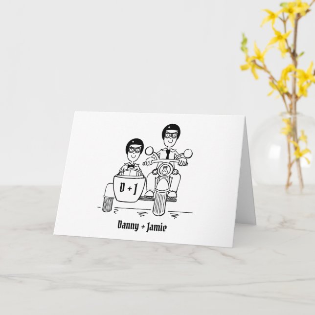 Two Grooms Biker Motorcycle and Sidecar Wedding Karte (Gelbe Blume)