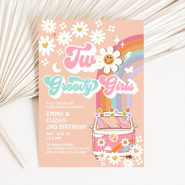 Two Groovy Girls Twin Daisy Rainbow Van Birthday Einladung (Von Creator hochgeladen)