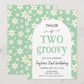 TWO groovy Mint Green Daisy 2nd Birthday Einladung