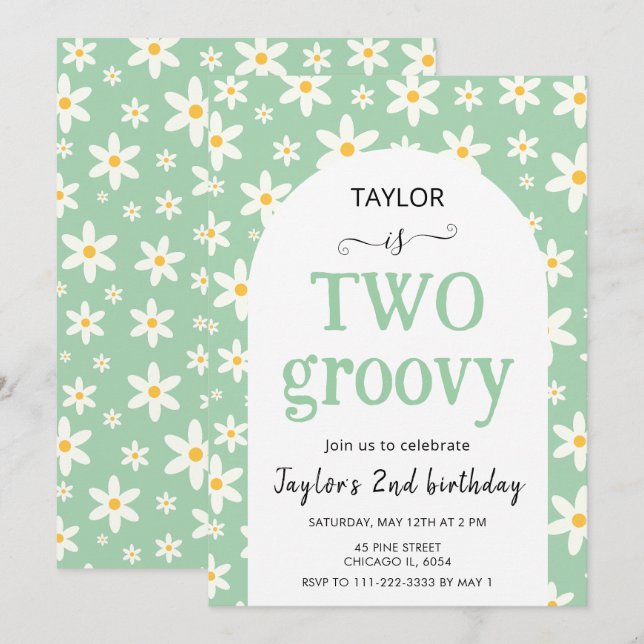 TWO groovy Mint Green Daisy 2nd Birthday Einladung (Vorne/Hinten)