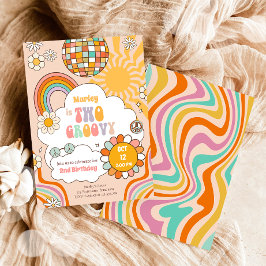 Two Groovy Retro 70er Rainbow Girl 2. Geburtstag Einladung