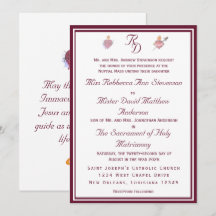 Two Hearts Burgundy Catholic Wedding Invitation